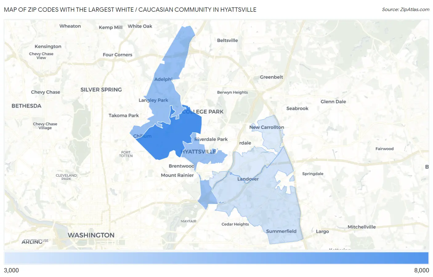 Zip Codes with the Largest White / Caucasian Community in Hyattsville Map