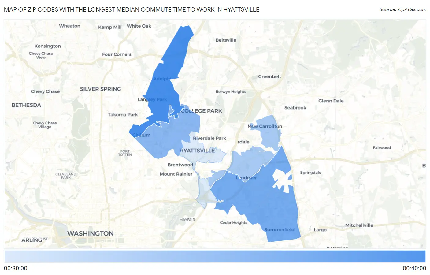 Zip Codes with the Longest Median Commute Time to Work in Hyattsville Map