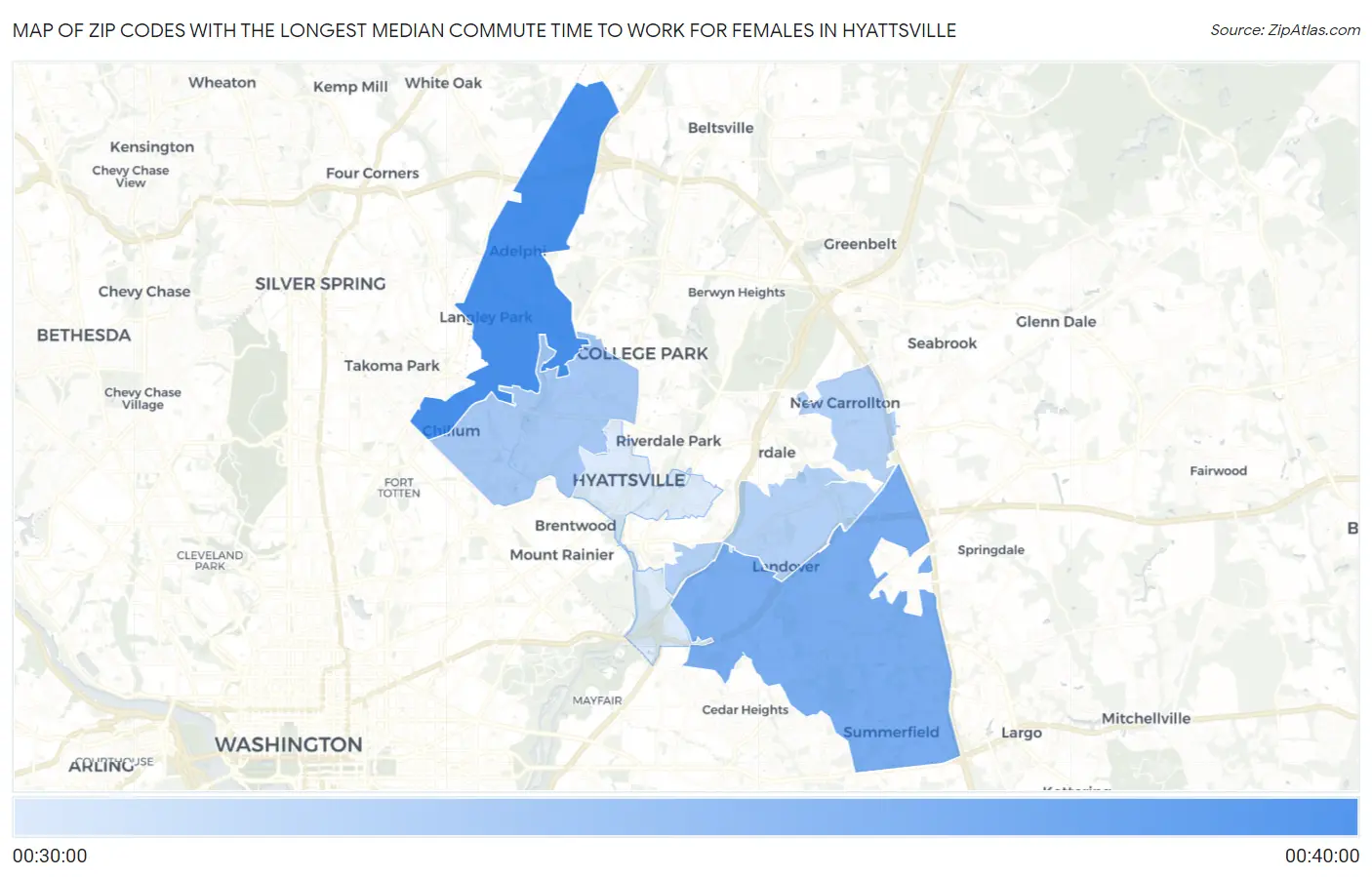 Zip Codes with the Longest Median Commute Time to Work for Females in Hyattsville Map