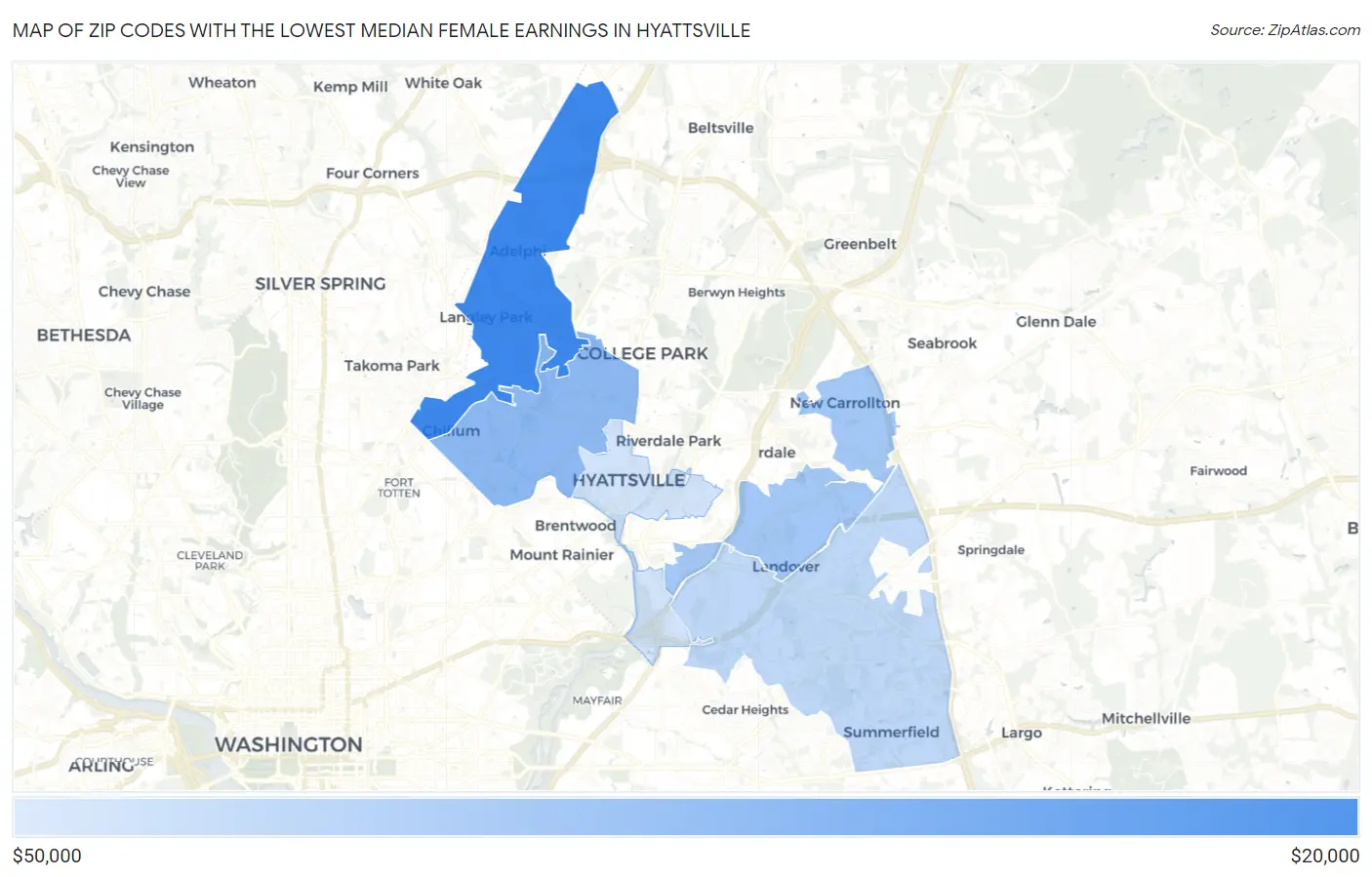 Zip Codes with the Lowest Median Female Earnings in Hyattsville Map