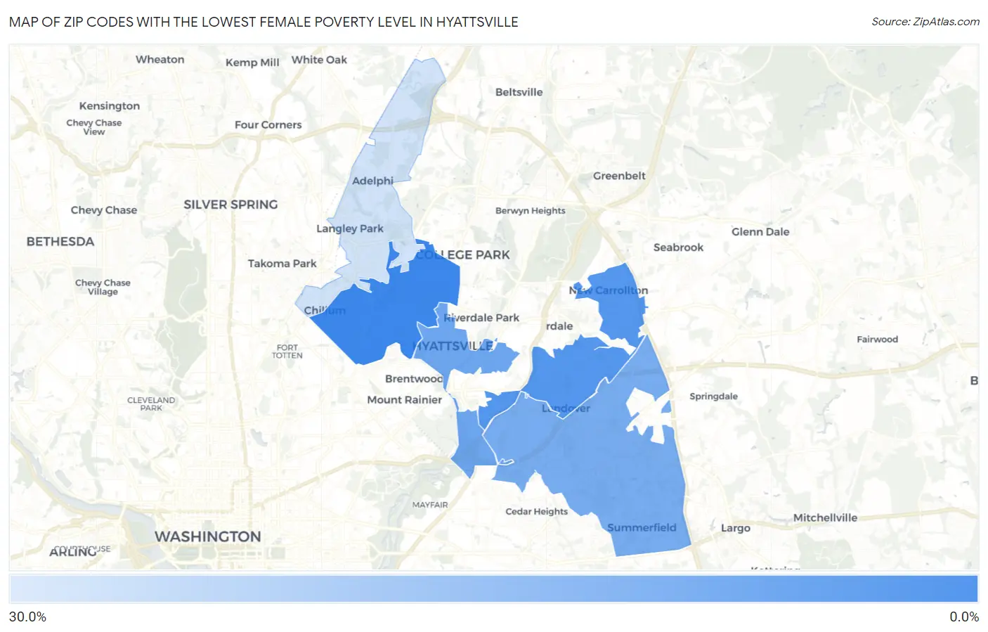 Zip Codes with the Lowest Female Poverty Level in Hyattsville Map