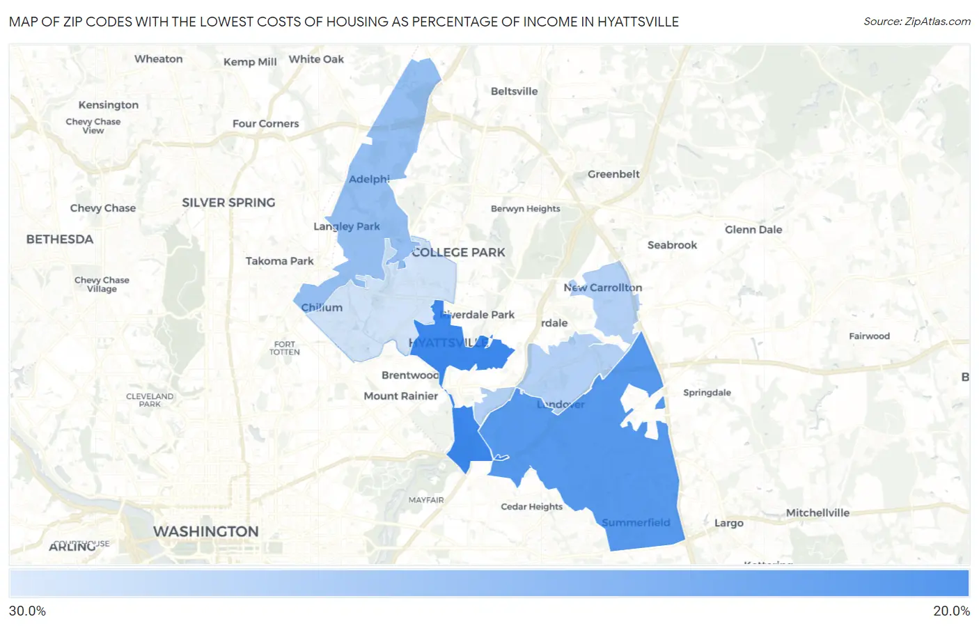Zip Codes with the Lowest Costs of Housing as Percentage of Income in Hyattsville Map