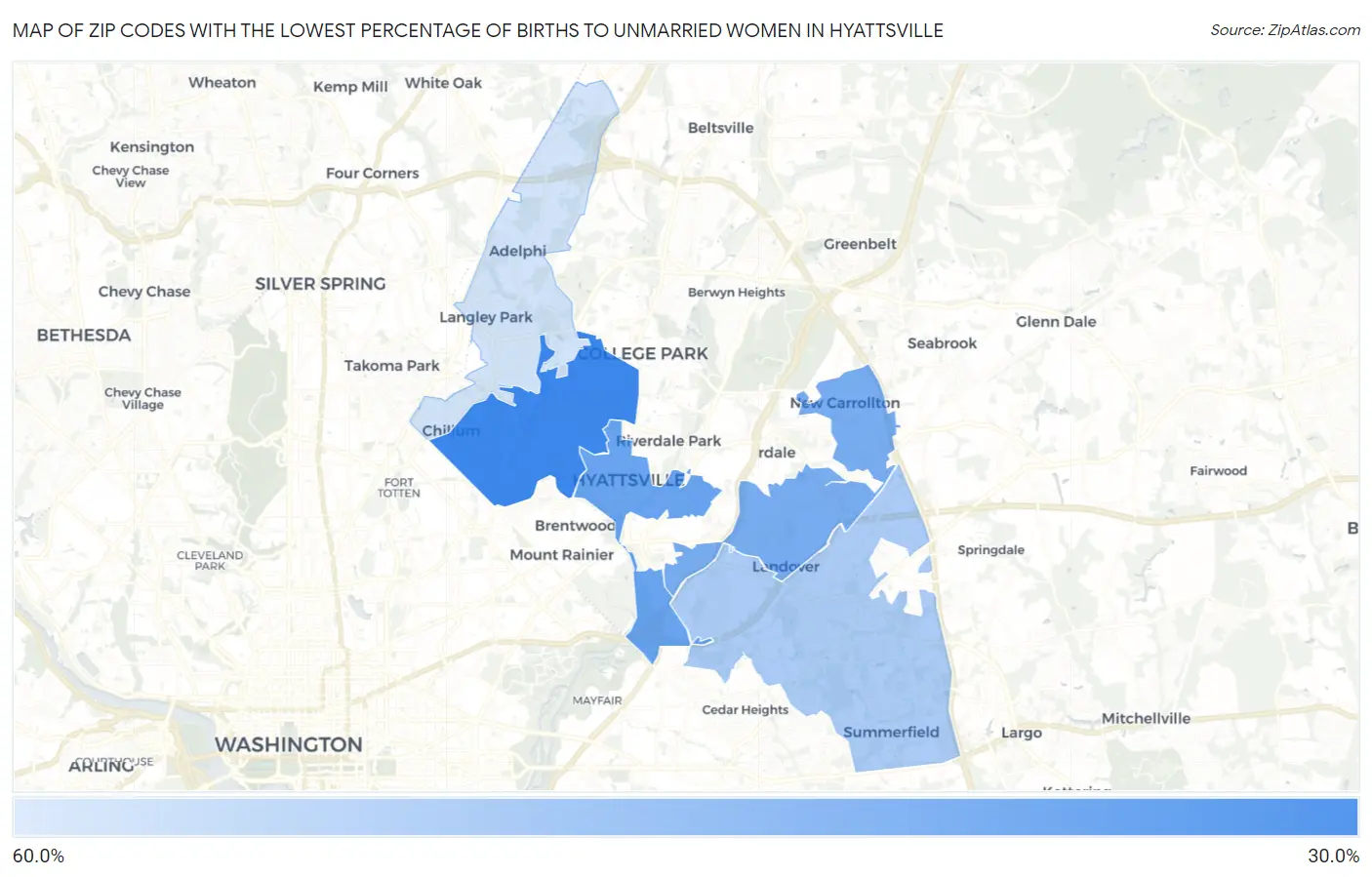 Zip Codes with the Lowest Percentage of Births to Unmarried Women in Hyattsville Map