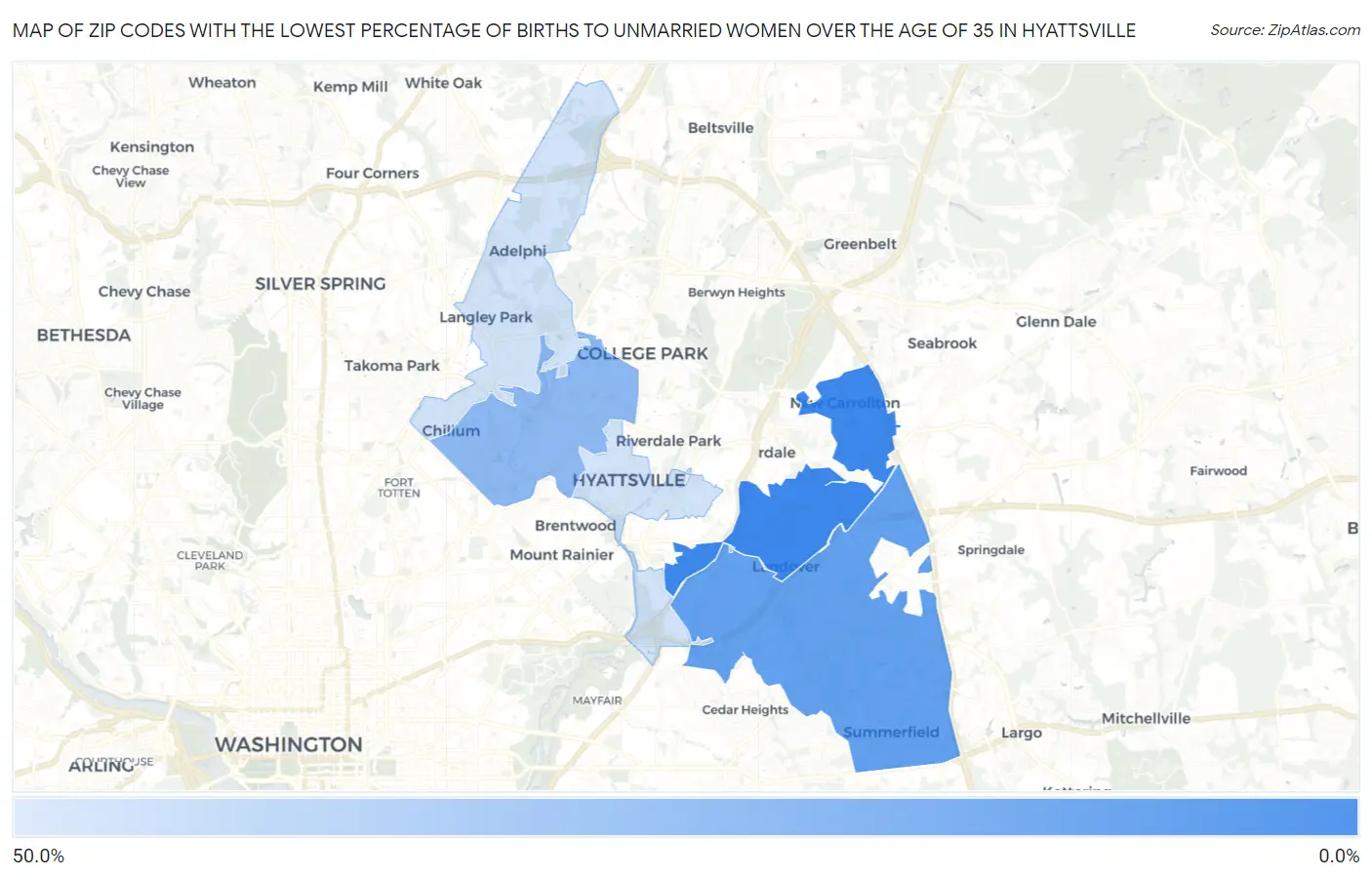 Zip Codes with the Lowest Percentage of Births to Unmarried Women over the Age of 35 in Hyattsville Map