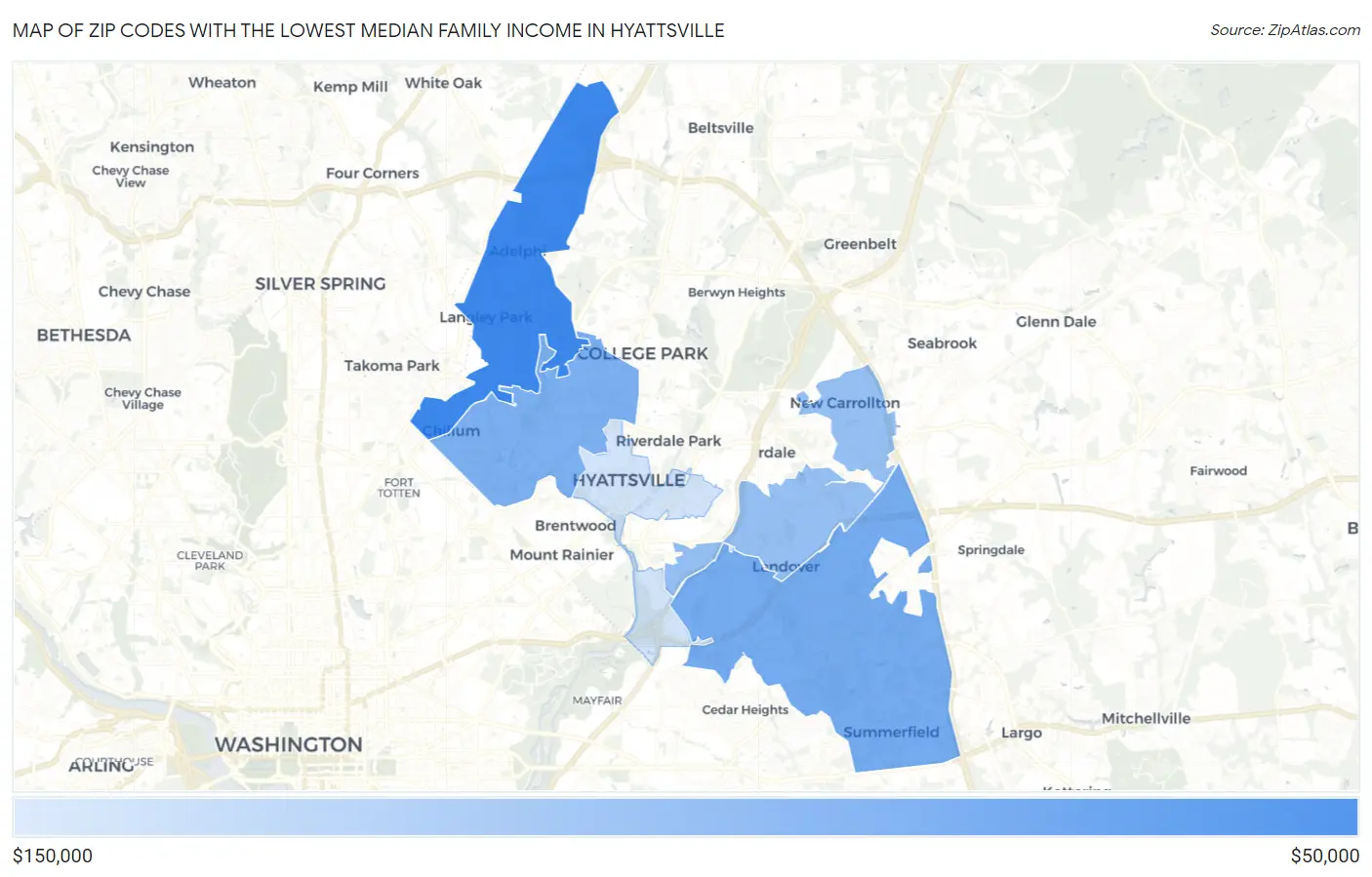 Zip Codes with the Lowest Median Family Income in Hyattsville Map