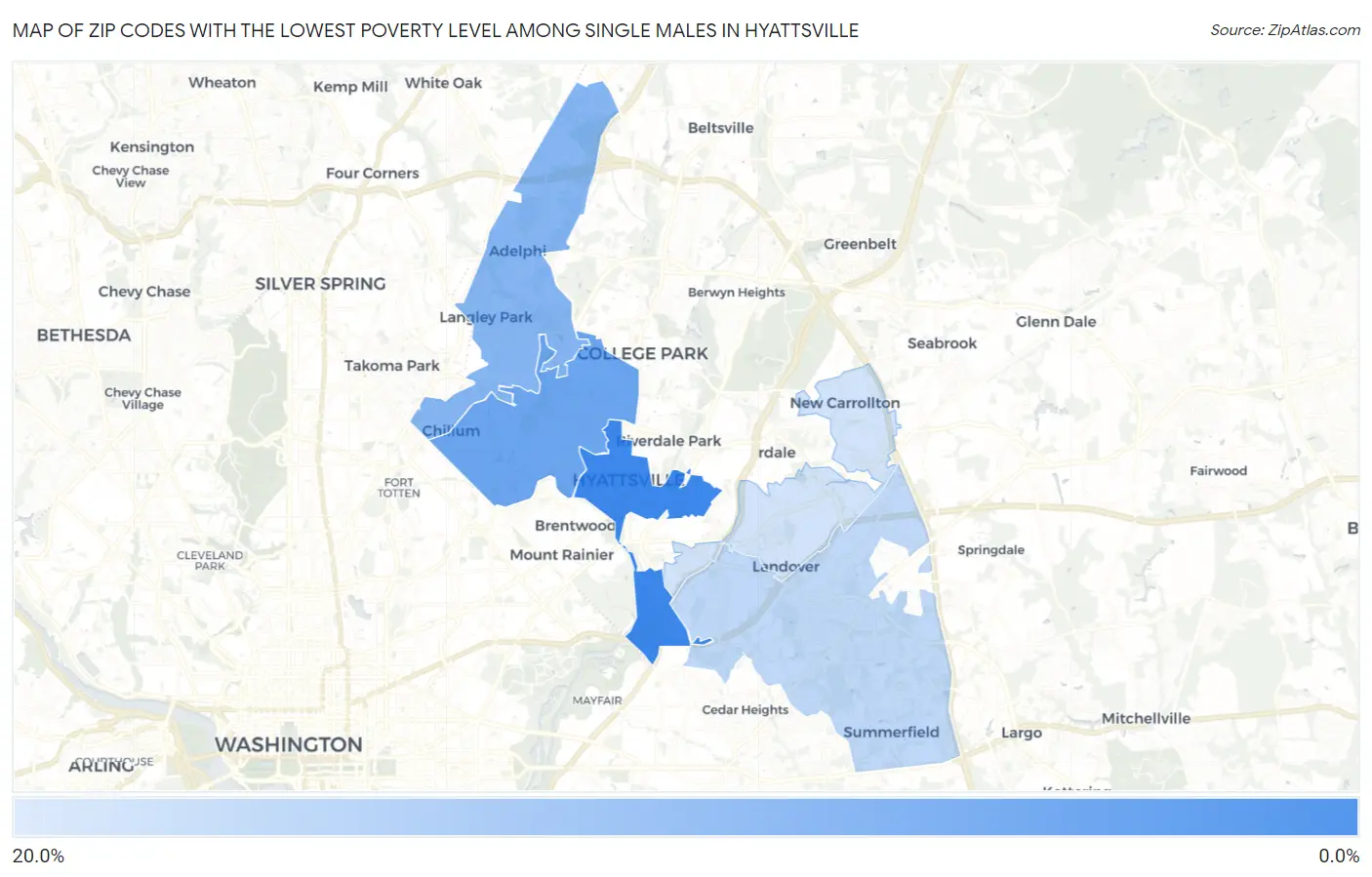 Zip Codes with the Lowest Poverty Level Among Single Males in Hyattsville Map