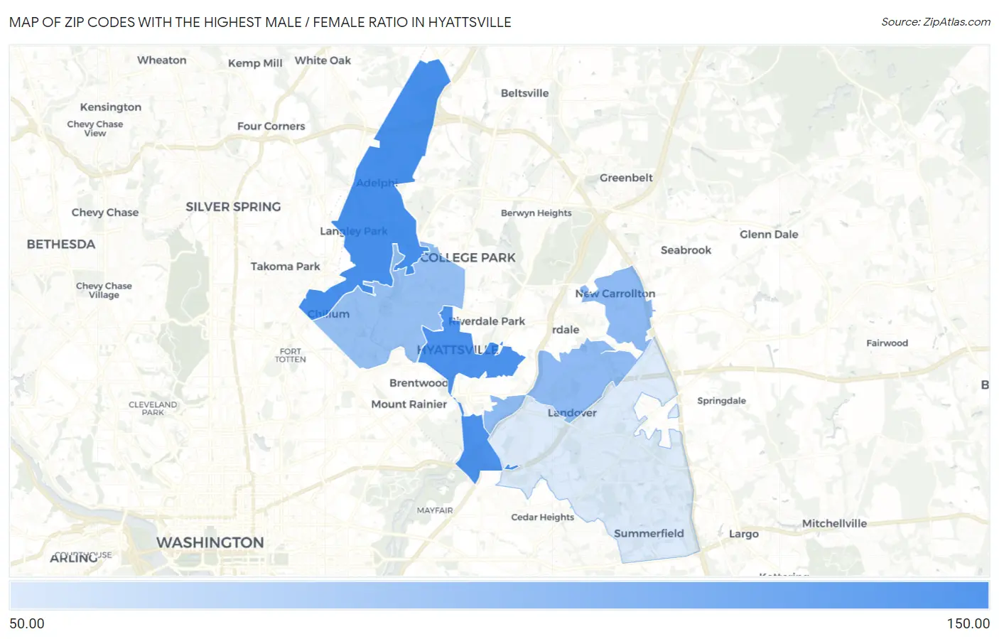 Zip Codes with the Highest Male / Female Ratio in Hyattsville Map