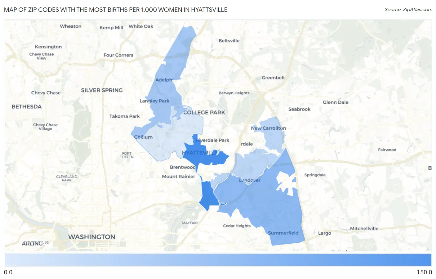 Zip Codes with the Most Births per 1,000 Women in Hyattsville Map