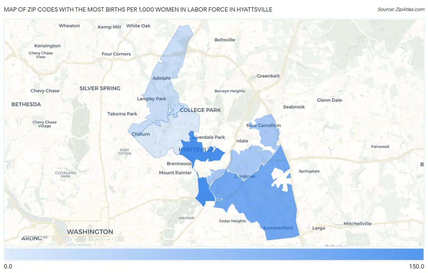 Zip Codes with the Most Births per 1,000 Women in Labor Force in Hyattsville Map