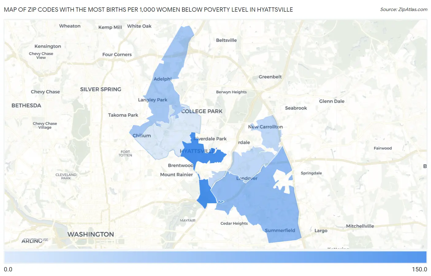 Zip Codes with the Most Births per 1,000 Women Below Poverty Level in Hyattsville Map