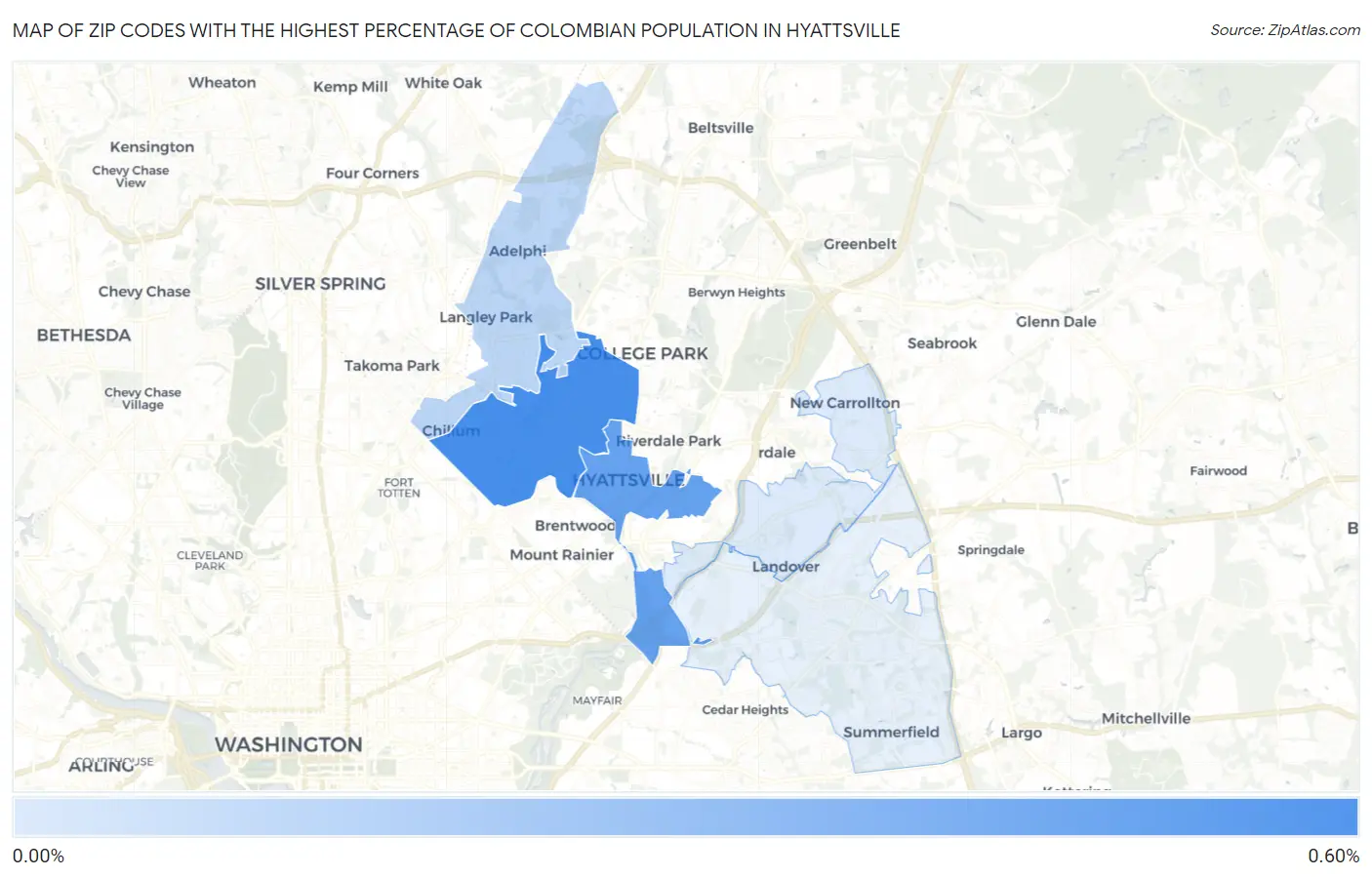 Zip Codes with the Highest Percentage of Colombian Population in Hyattsville Map