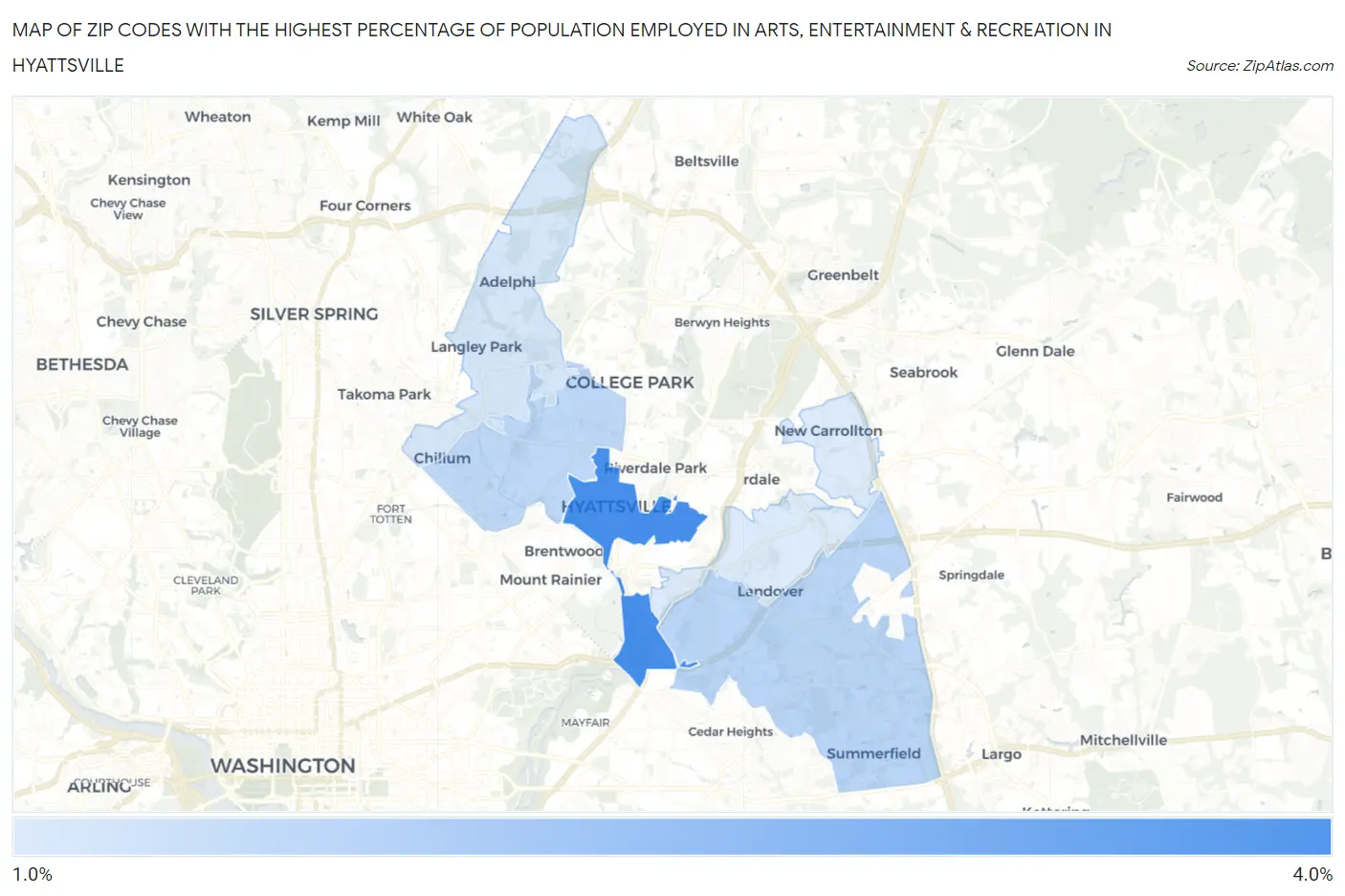 Zip Codes with the Highest Percentage of Population Employed in Arts, Entertainment & Recreation in Hyattsville Map