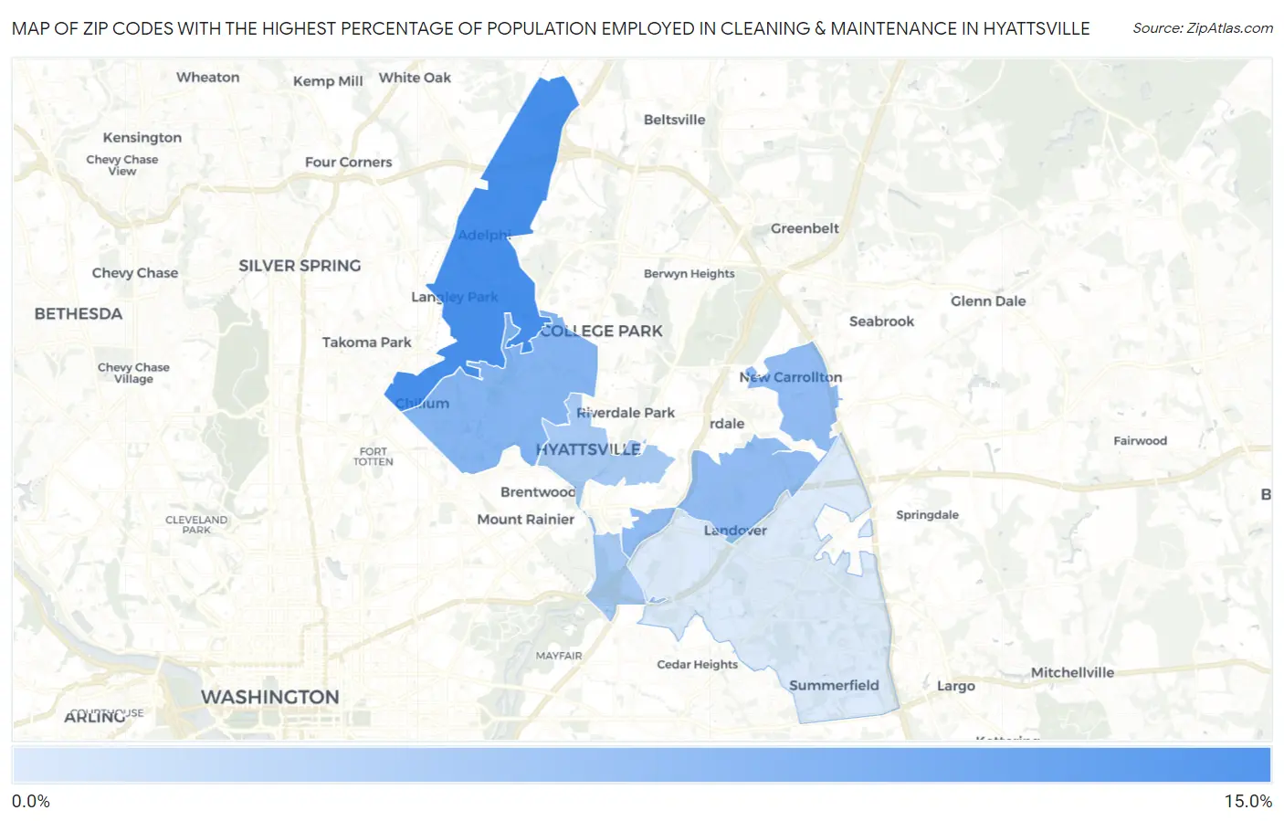 Zip Codes with the Highest Percentage of Population Employed in Cleaning & Maintenance in Hyattsville Map