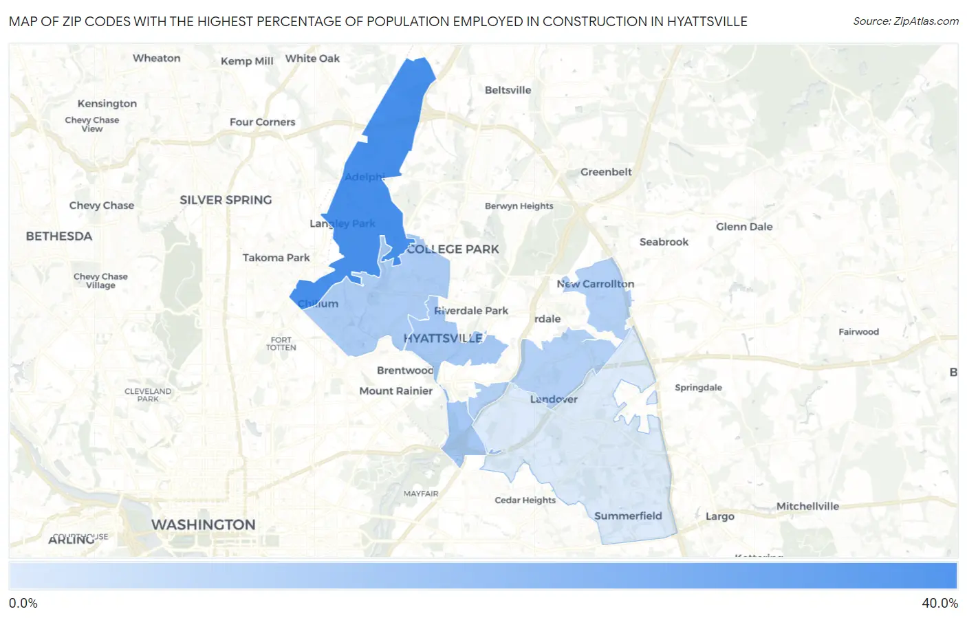 Zip Codes with the Highest Percentage of Population Employed in Construction in Hyattsville Map