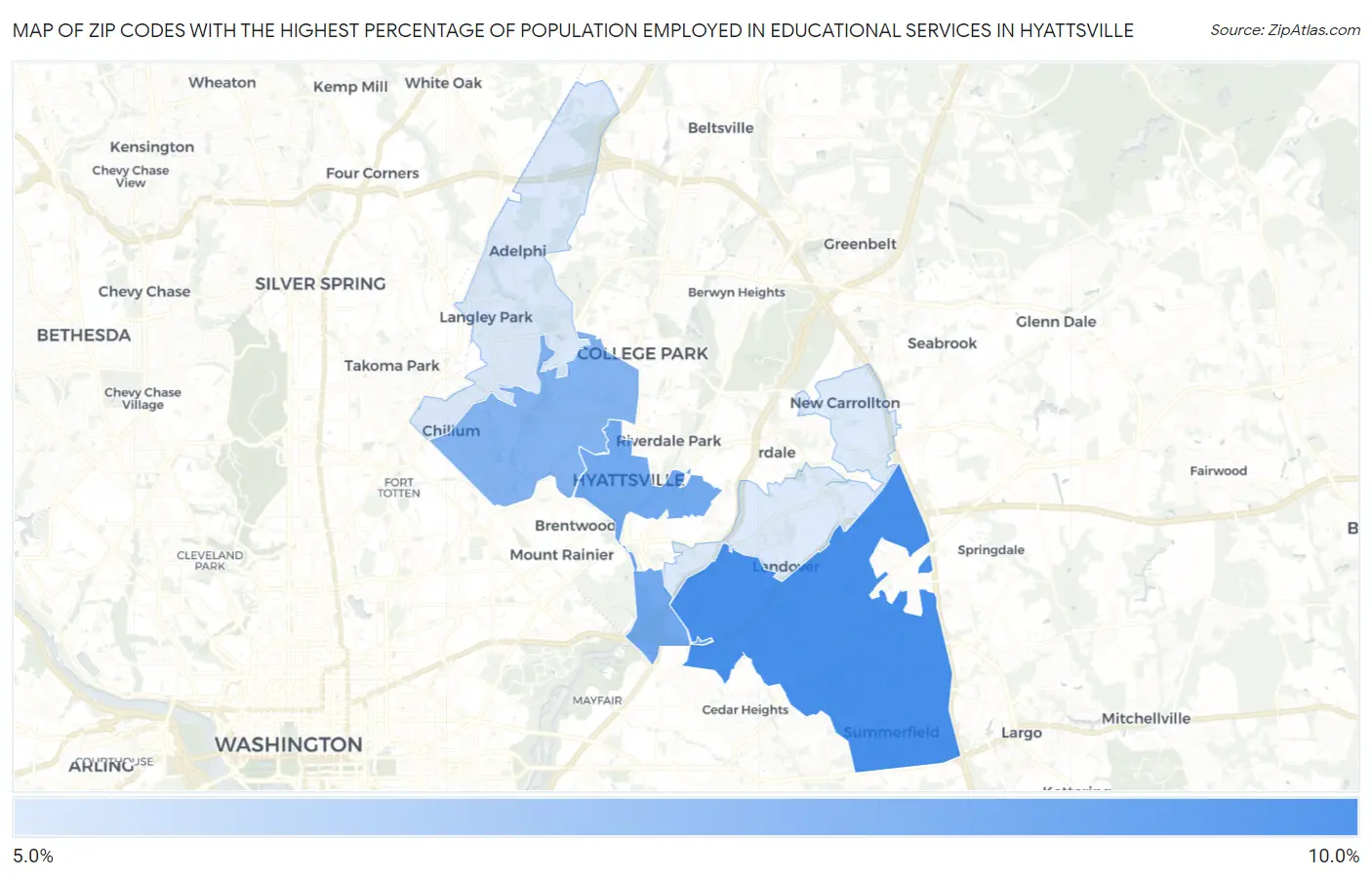 Zip Codes with the Highest Percentage of Population Employed in Educational Services in Hyattsville Map