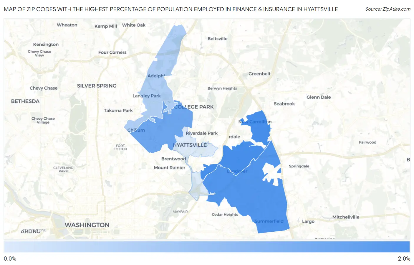 Zip Codes with the Highest Percentage of Population Employed in Finance & Insurance in Hyattsville Map