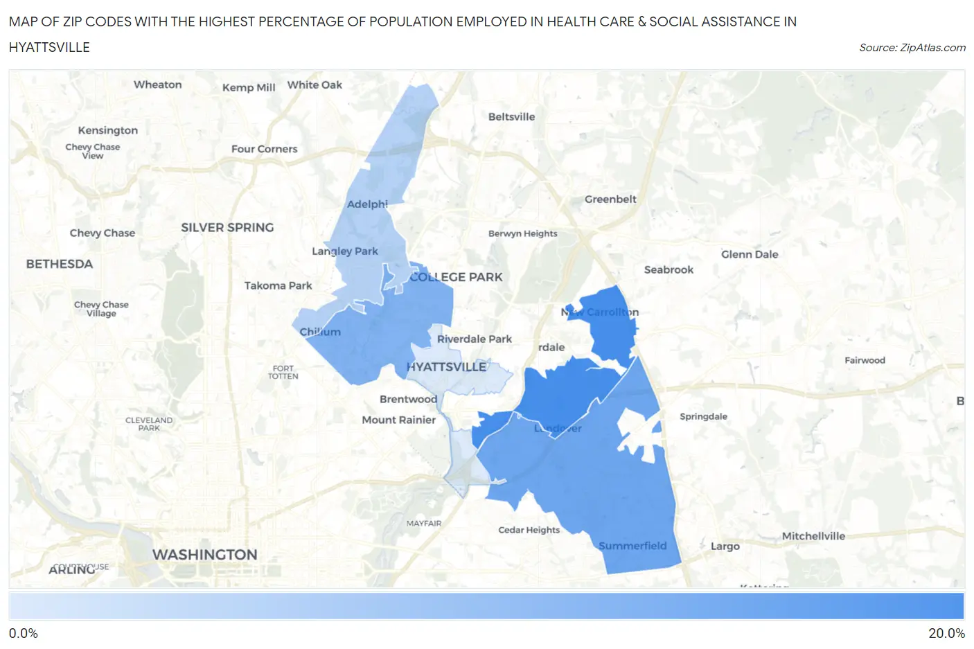 Zip Codes with the Highest Percentage of Population Employed in Health Care & Social Assistance in Hyattsville Map