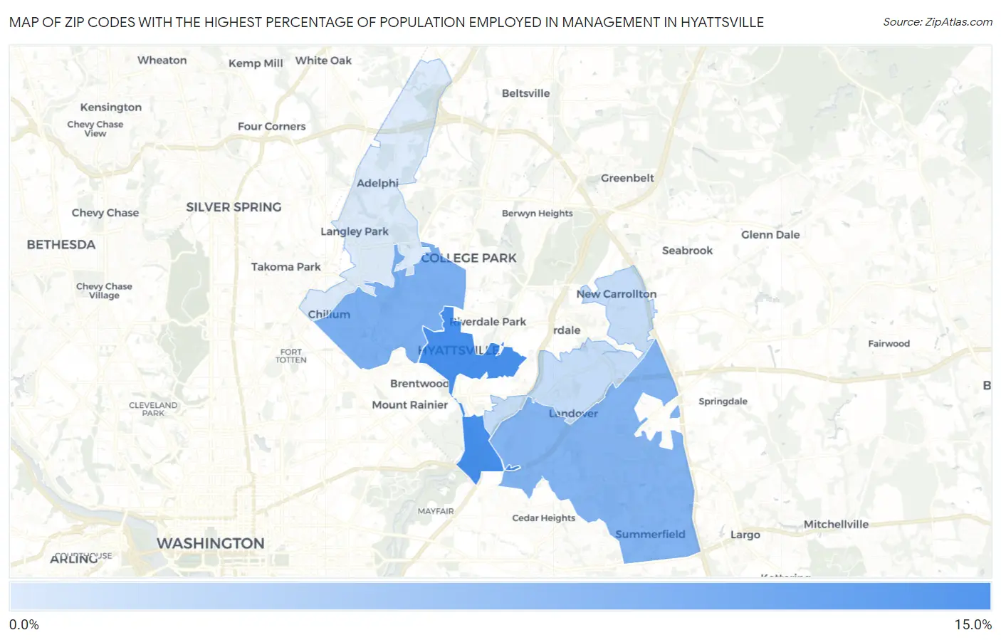 Zip Codes with the Highest Percentage of Population Employed in Management in Hyattsville Map