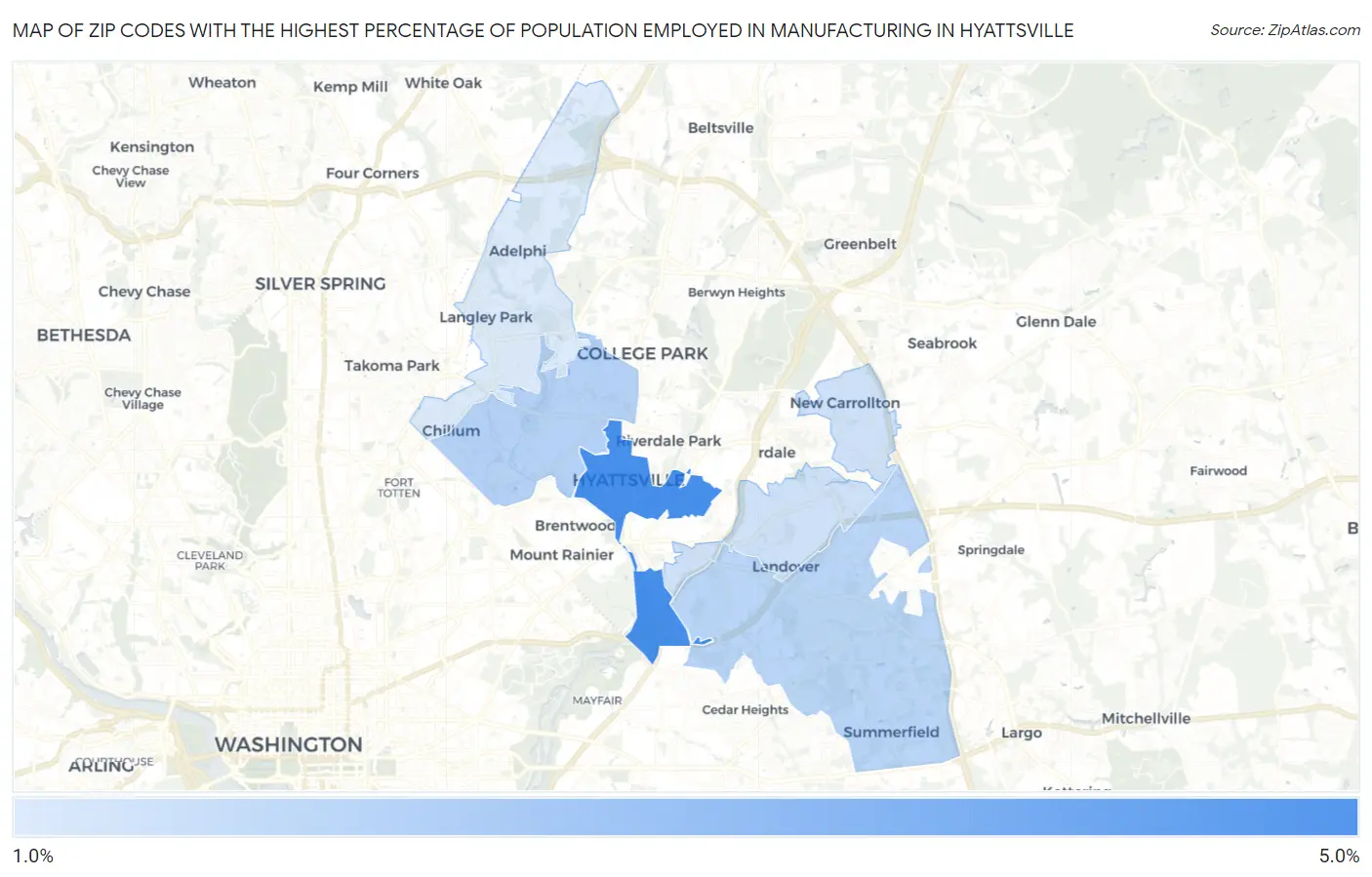 Zip Codes with the Highest Percentage of Population Employed in Manufacturing in Hyattsville Map