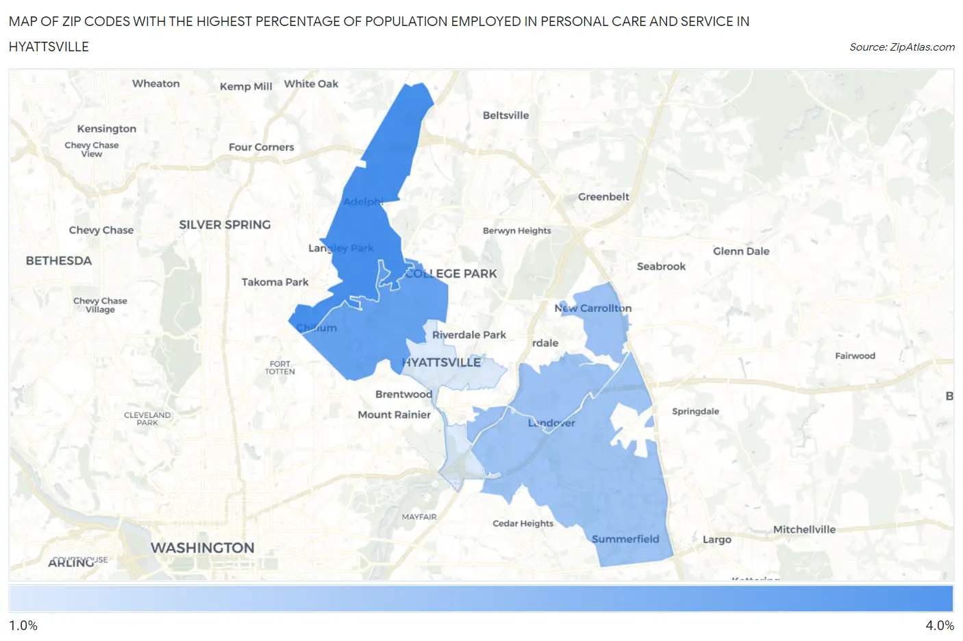 Zip Codes with the Highest Percentage of Population Employed in Personal Care and Service in Hyattsville Map