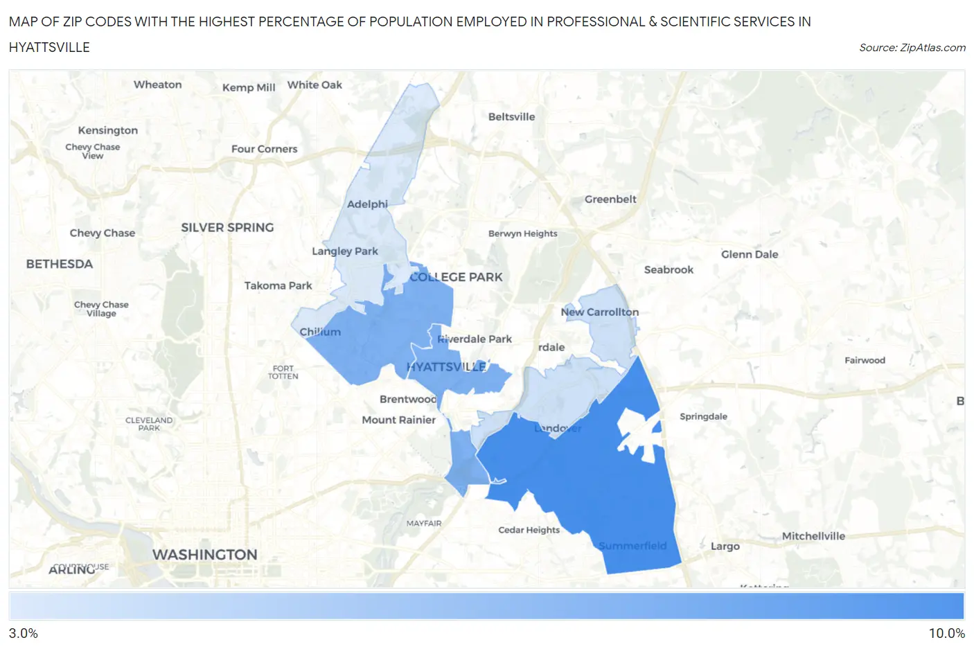 Zip Codes with the Highest Percentage of Population Employed in Professional & Scientific Services in Hyattsville Map