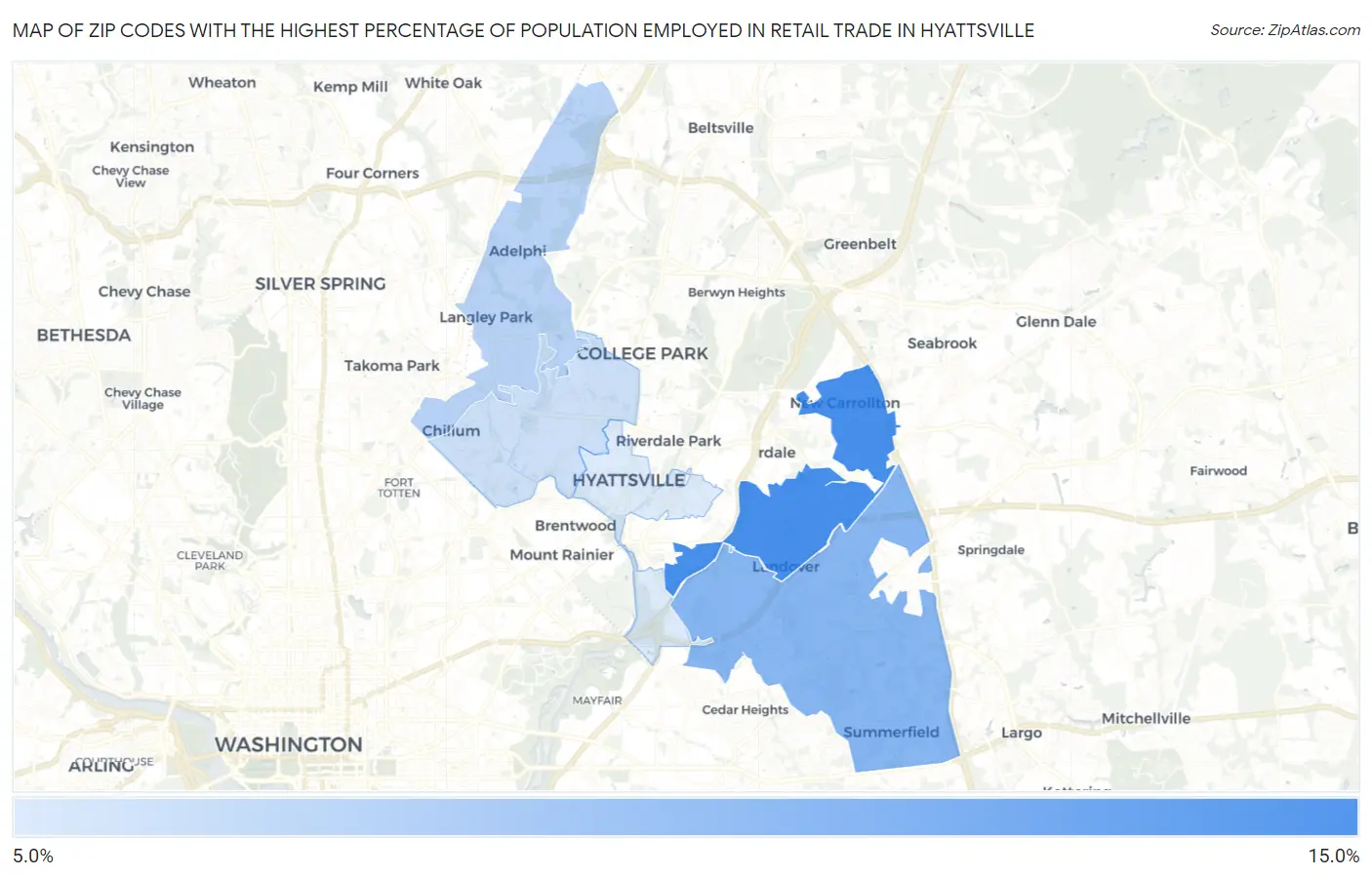 Zip Codes with the Highest Percentage of Population Employed in Retail Trade in Hyattsville Map