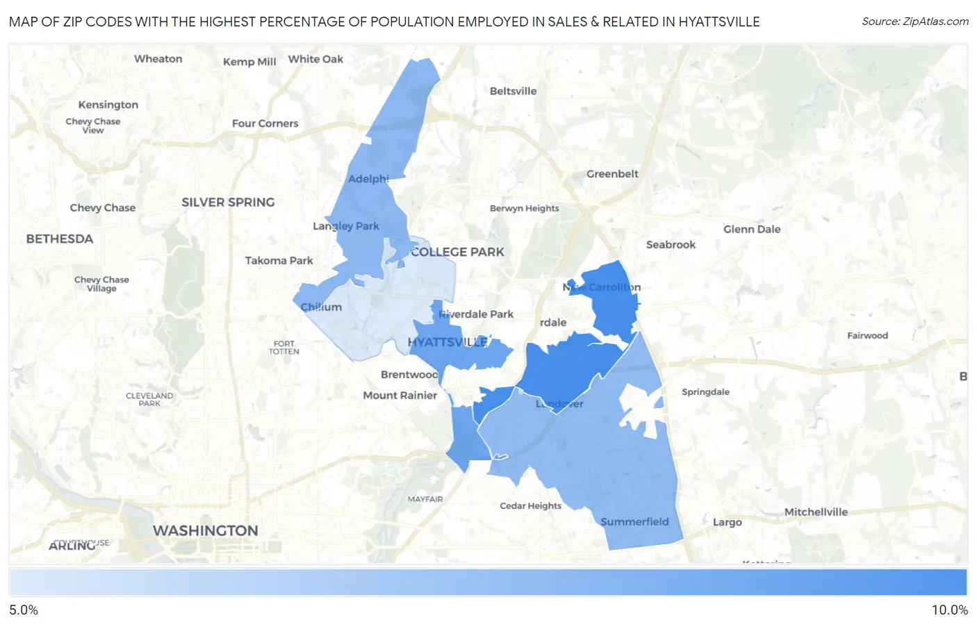 Zip Codes with the Highest Percentage of Population Employed in Sales & Related in Hyattsville Map
