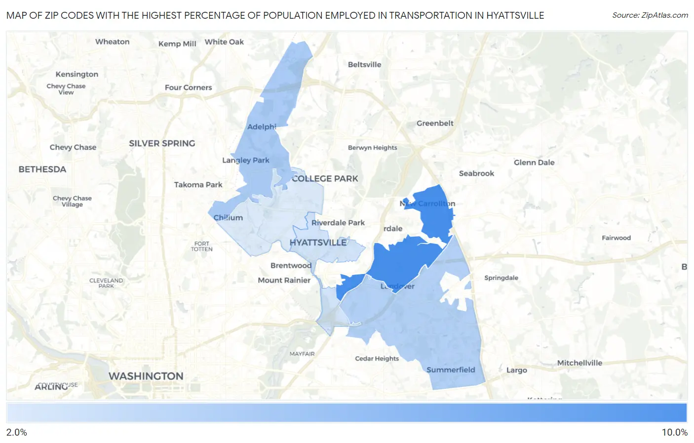 Zip Codes with the Highest Percentage of Population Employed in Transportation in Hyattsville Map