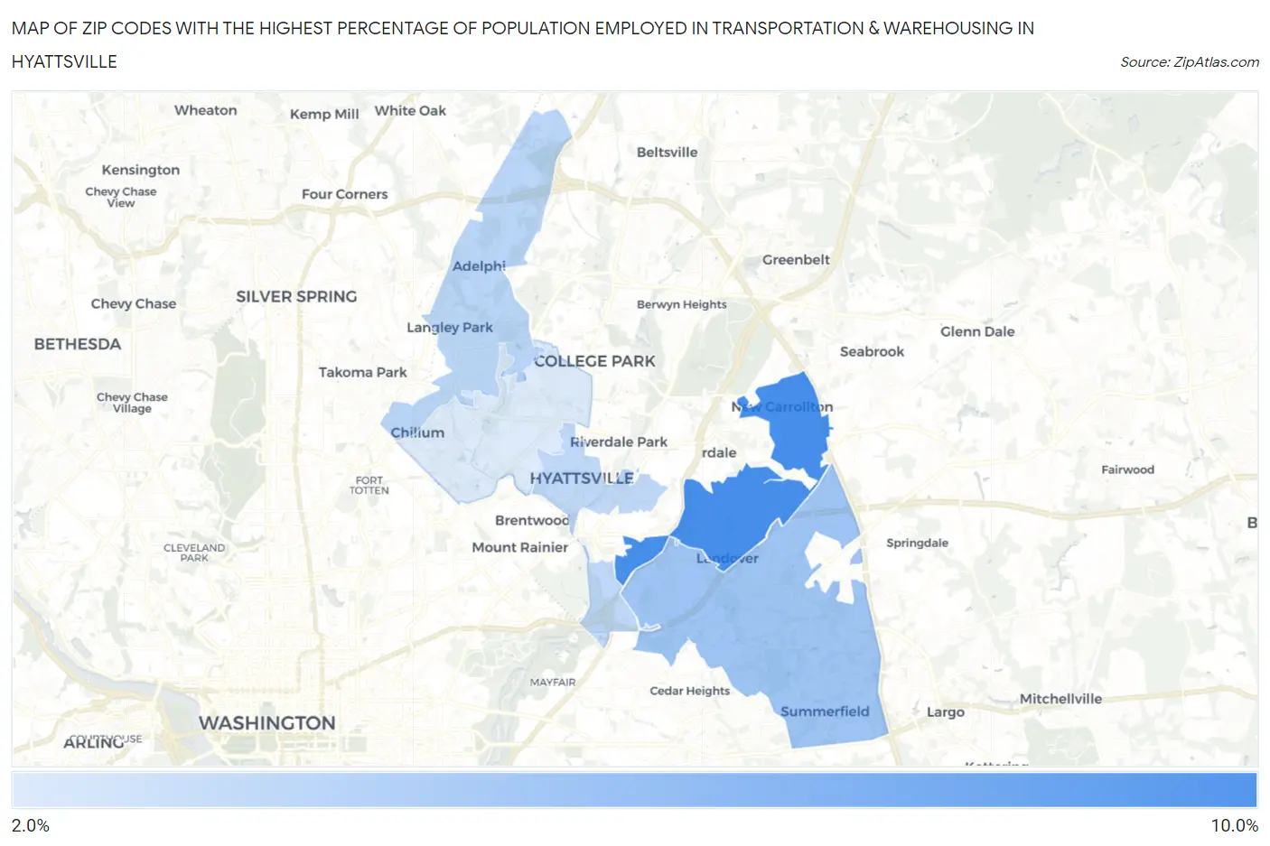 Zip Codes with the Highest Percentage of Population Employed in Transportation & Warehousing in Hyattsville Map