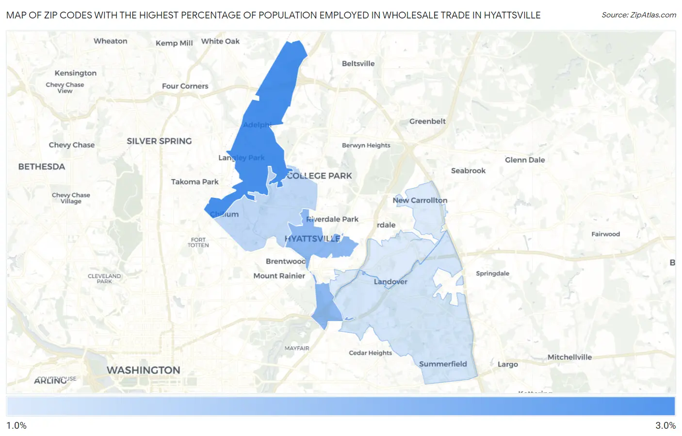 Zip Codes with the Highest Percentage of Population Employed in Wholesale Trade in Hyattsville Map