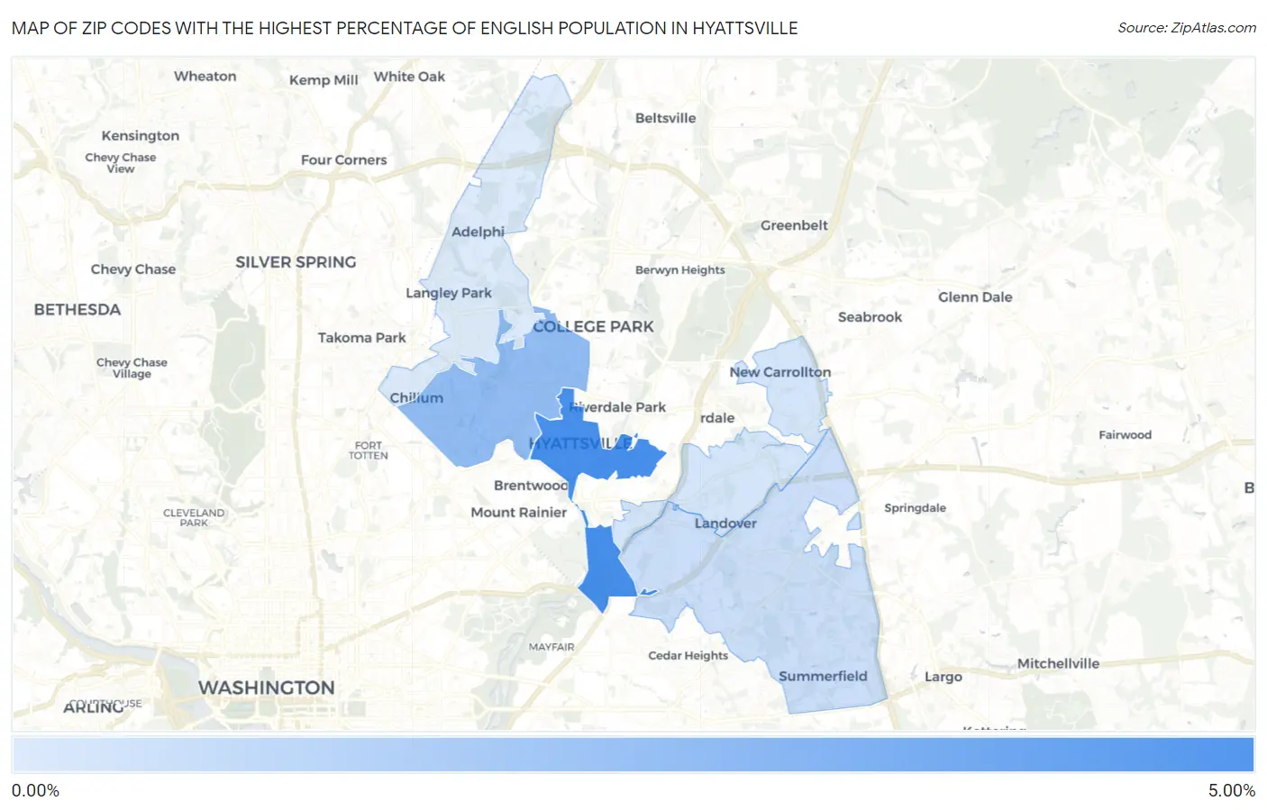 Zip Codes with the Highest Percentage of English Population in Hyattsville Map