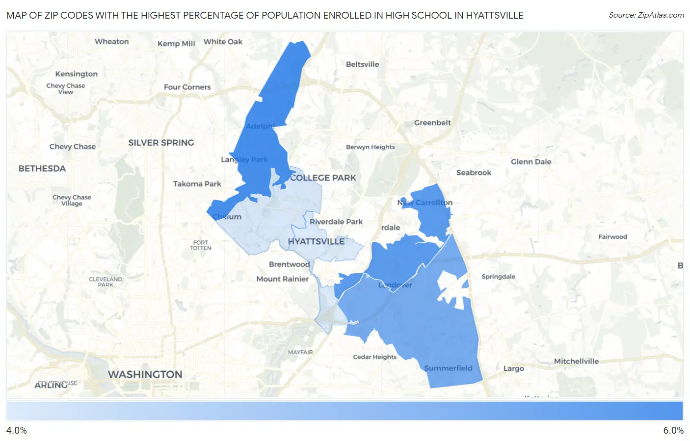 Zip Codes with the Highest Percentage of Population Enrolled in High School in Hyattsville Map