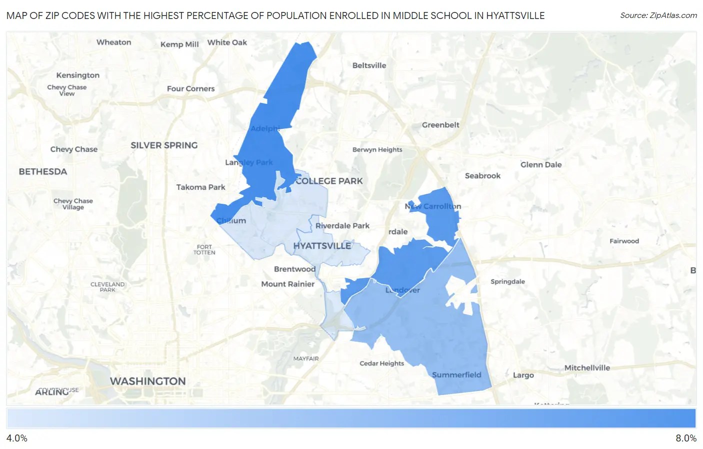 Zip Codes with the Highest Percentage of Population Enrolled in Middle School in Hyattsville Map