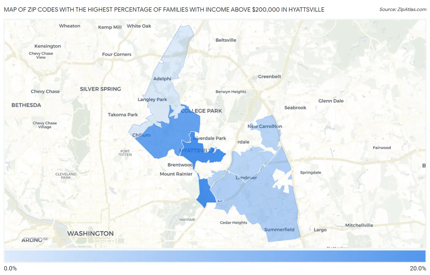 Zip Codes with the Highest Percentage of Families with Income Above $200,000 in Hyattsville Map