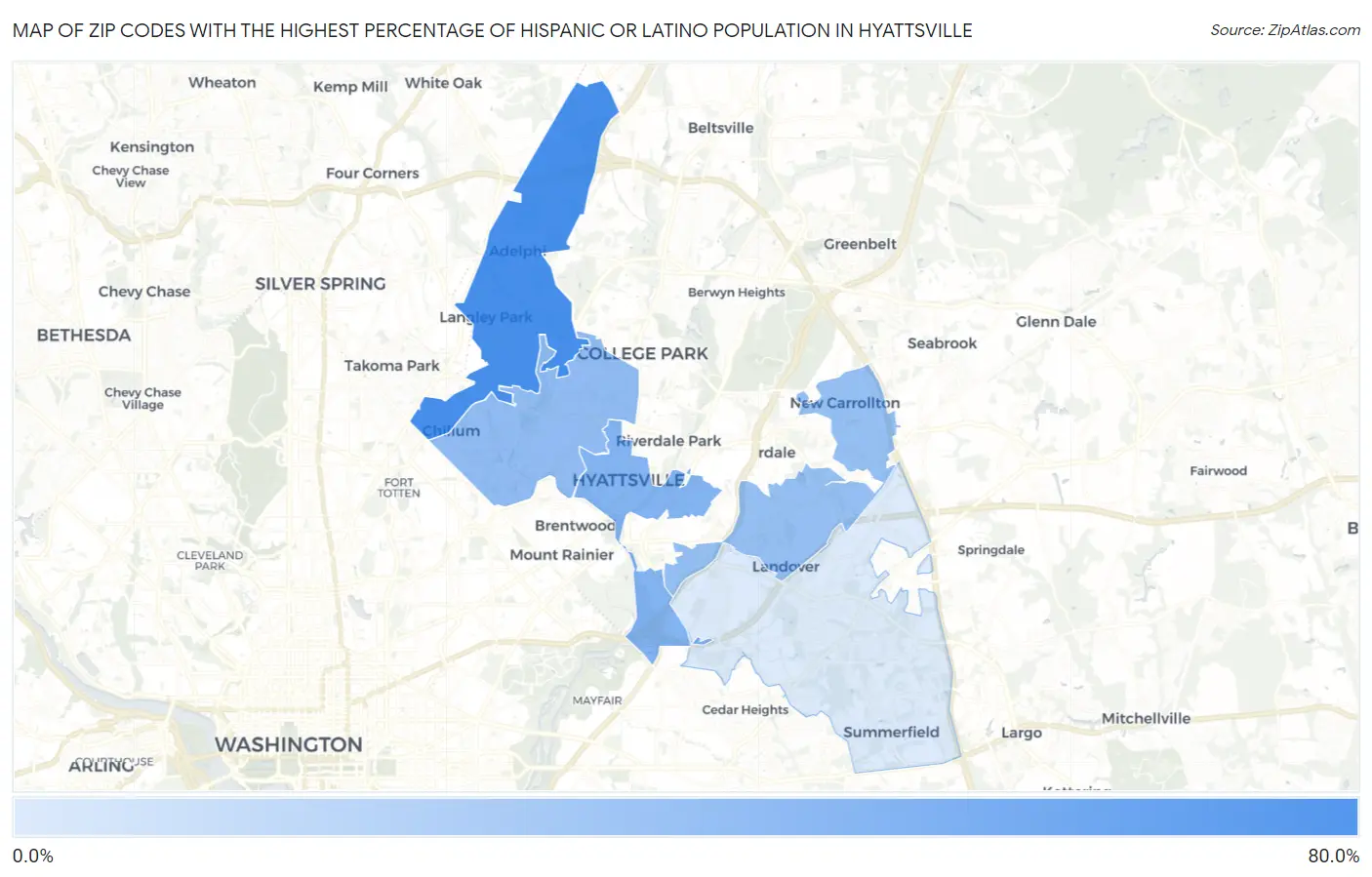 Zip Codes with the Highest Percentage of Hispanic or Latino Population in Hyattsville Map