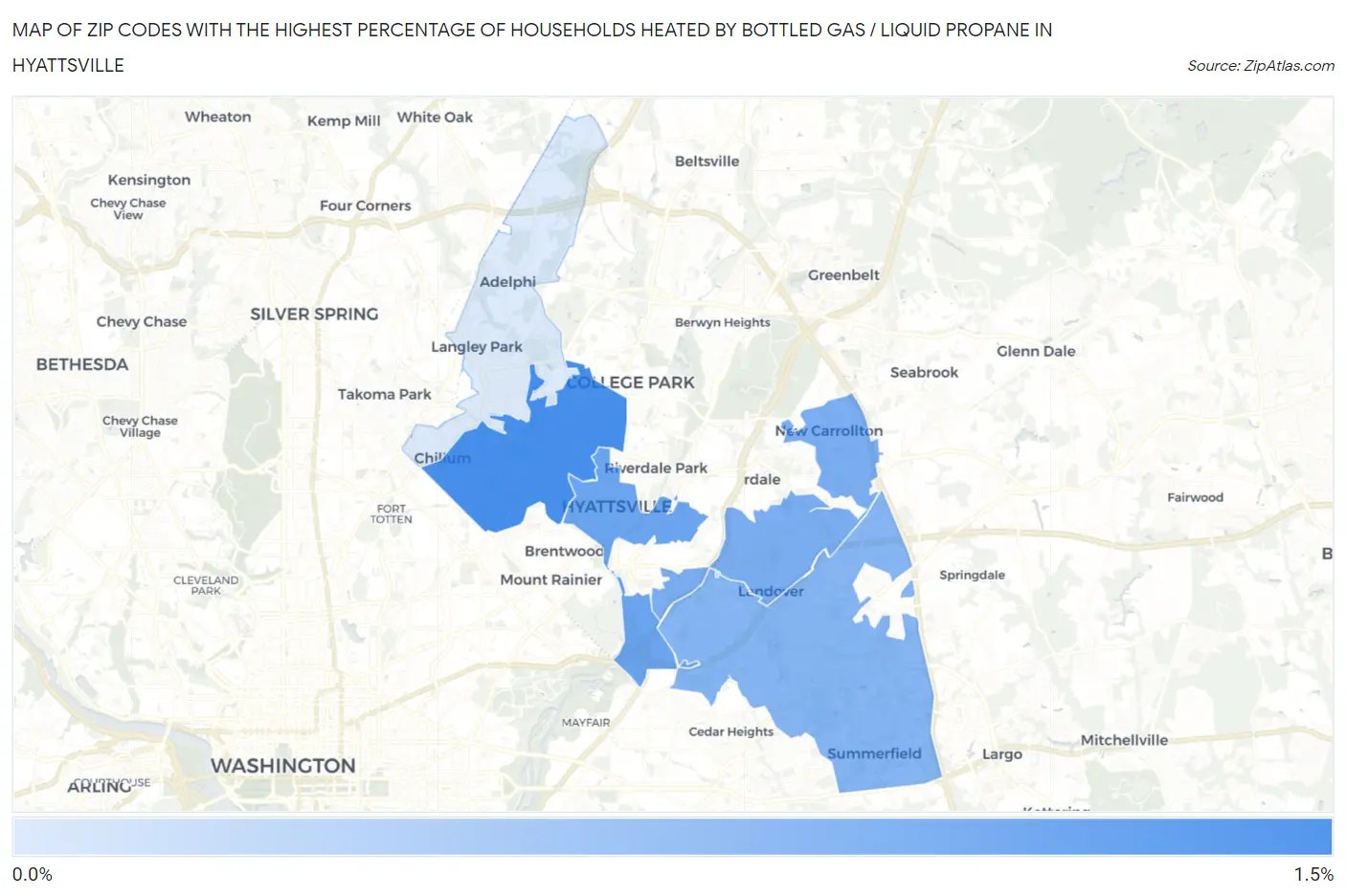 Zip Codes with the Highest Percentage of Households Heated by Bottled Gas / Liquid Propane in Hyattsville Map