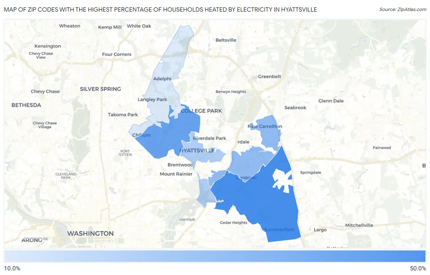 Zip Codes with the Highest Percentage of Households Heated by Electricity in Hyattsville Map