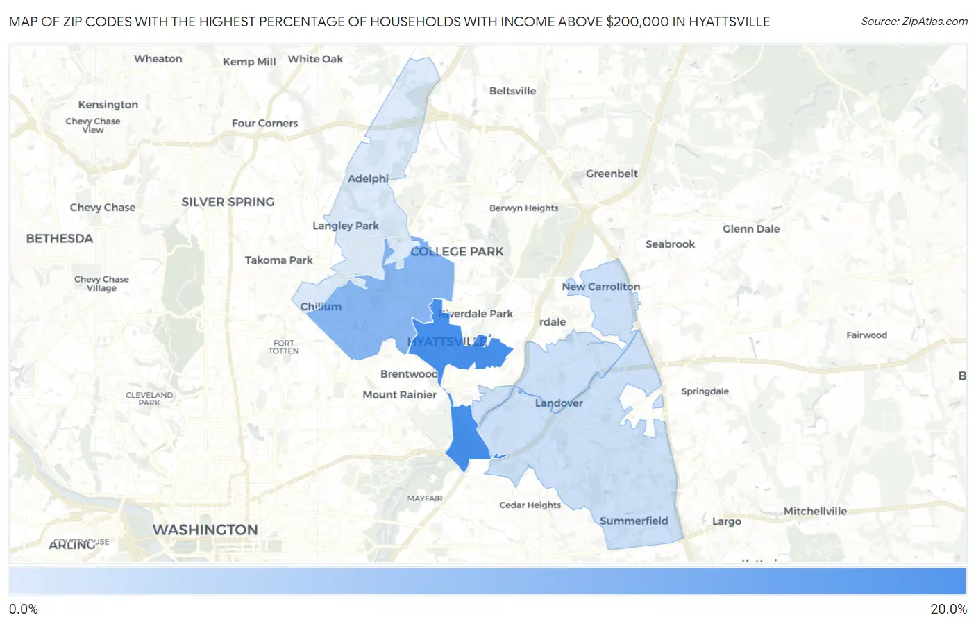Zip Codes with the Highest Percentage of Households with Income Above $200,000 in Hyattsville Map