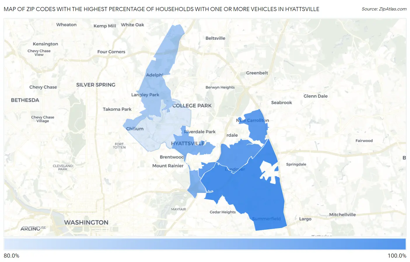 Zip Codes with the Highest Percentage of Households With One or more Vehicles in Hyattsville Map