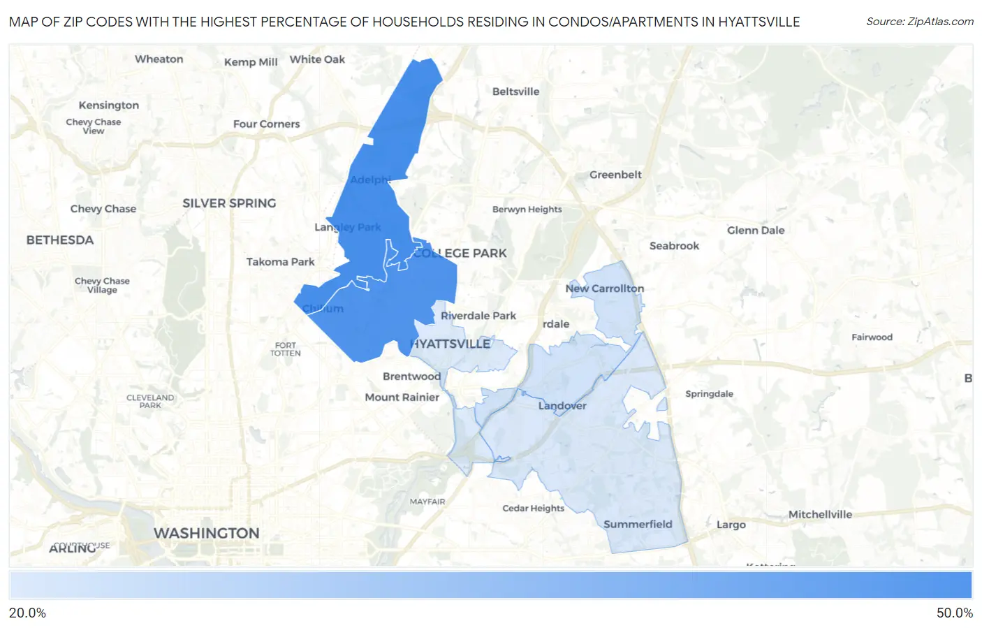 Zip Codes with the Highest Percentage of Households Residing in Condos/Apartments in Hyattsville Map