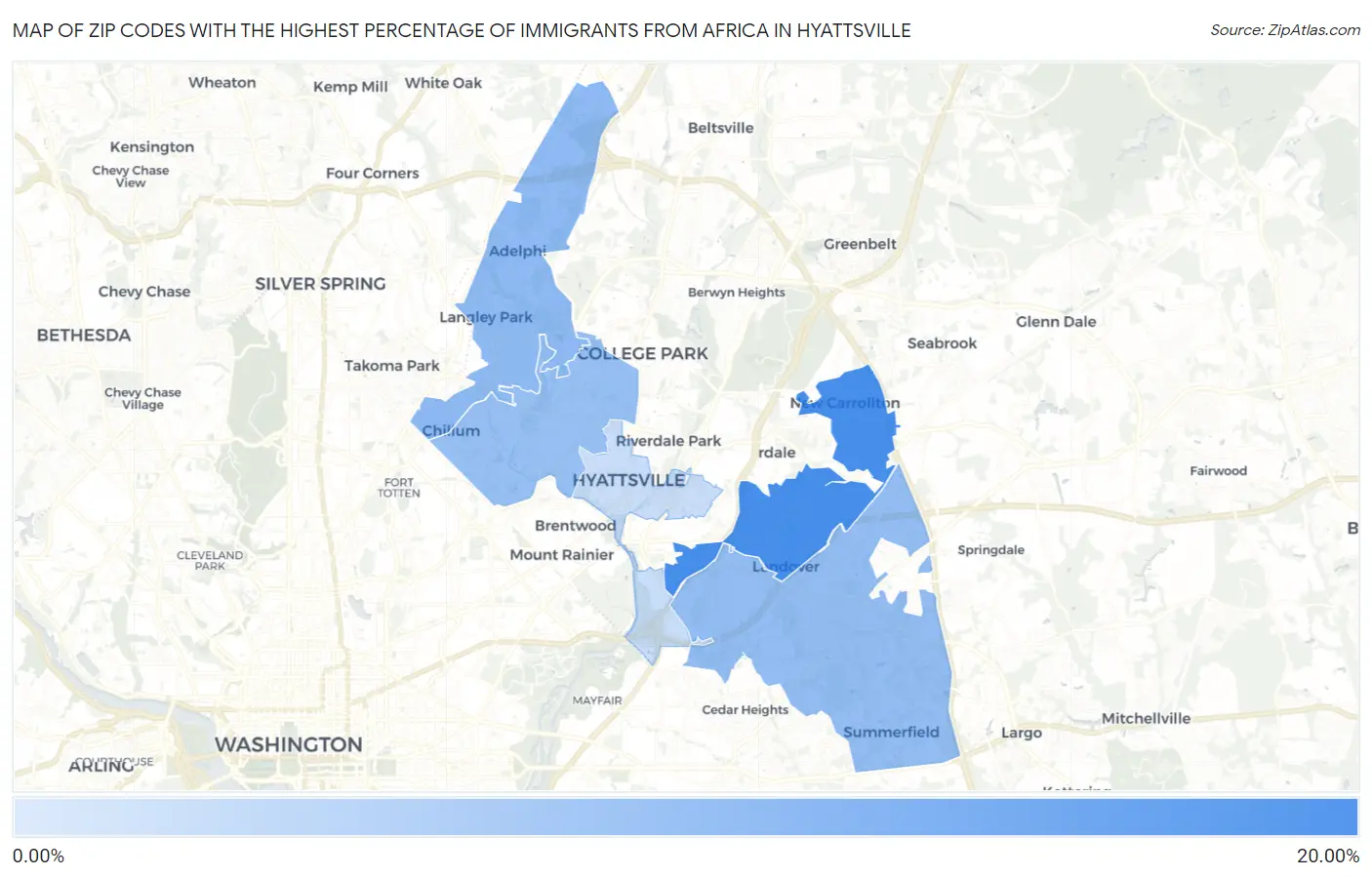 Zip Codes with the Highest Percentage of Immigrants from Africa in Hyattsville Map