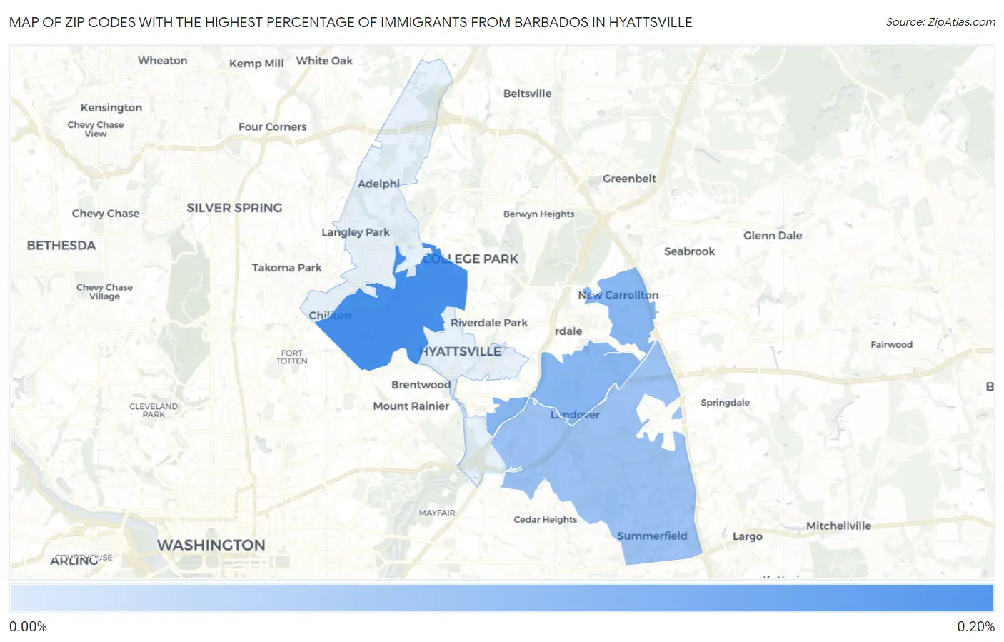 Zip Codes with the Highest Percentage of Immigrants from Barbados in Hyattsville Map