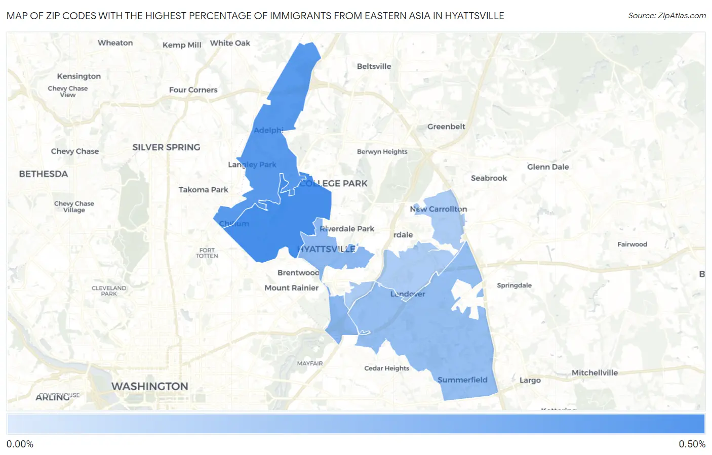 Zip Codes with the Highest Percentage of Immigrants from Eastern Asia in Hyattsville Map