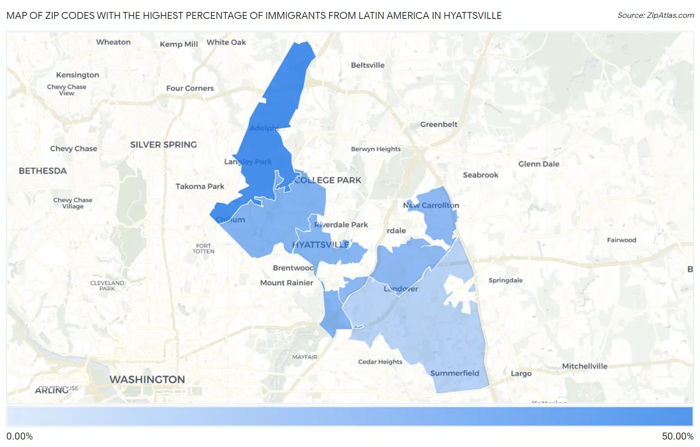Zip Codes with the Highest Percentage of Immigrants from Latin America in Hyattsville Map