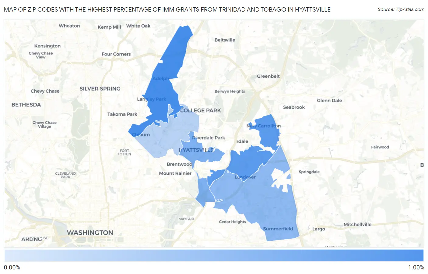 Zip Codes with the Highest Percentage of Immigrants from Trinidad and Tobago in Hyattsville Map