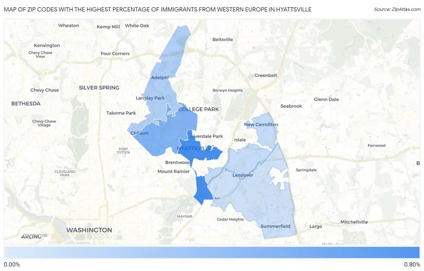 Zip Codes with the Highest Percentage of Immigrants from Western Europe in Hyattsville Map