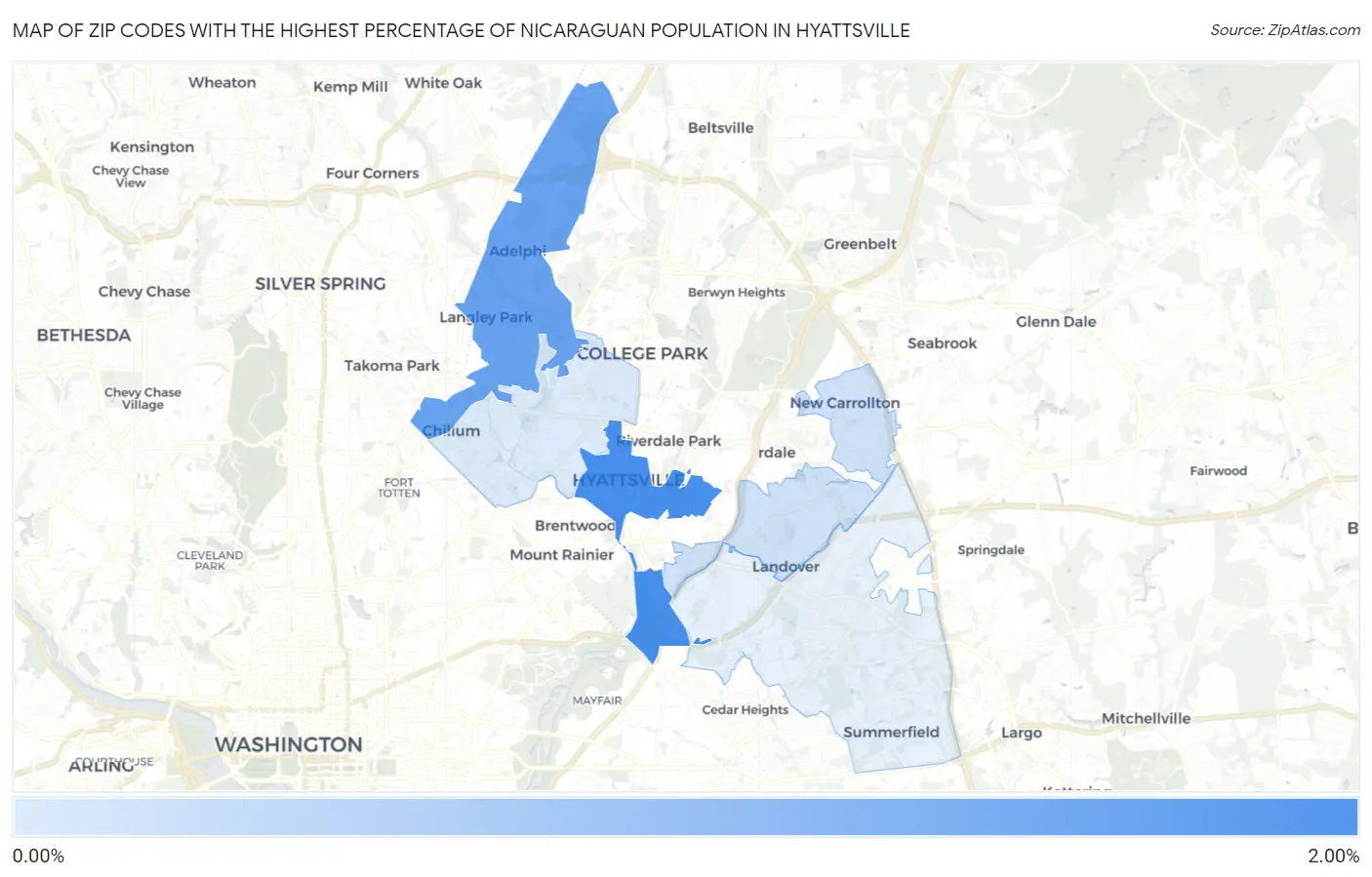 Zip Codes with the Highest Percentage of Nicaraguan Population in Hyattsville Map