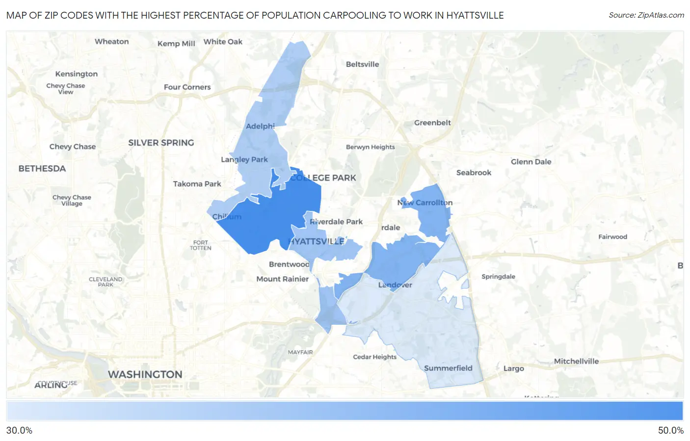 Zip Codes with the Highest Percentage of Population Carpooling to Work in Hyattsville Map