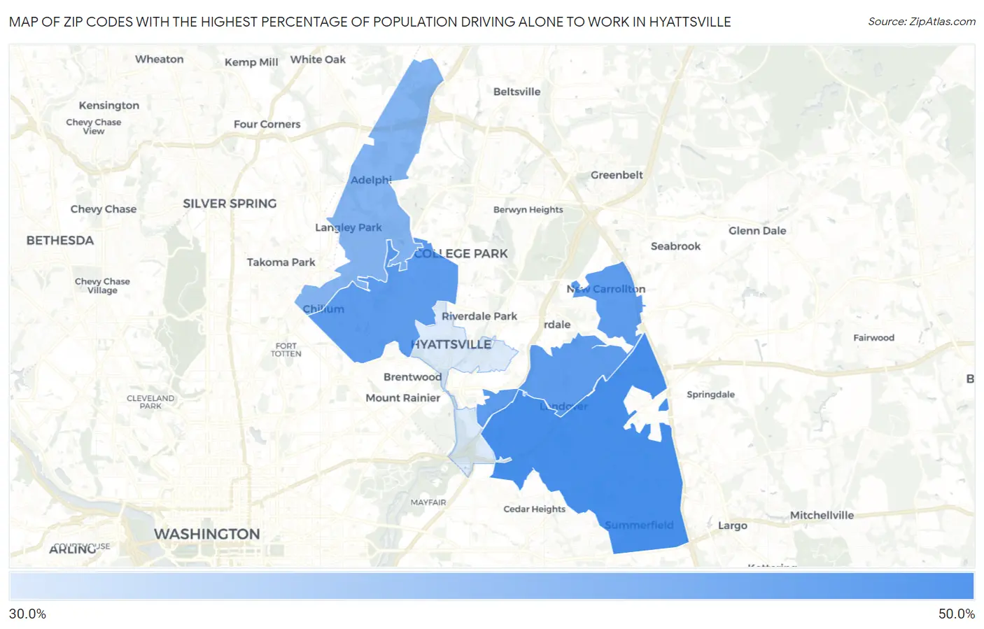 Zip Codes with the Highest Percentage of Population Driving Alone to Work in Hyattsville Map