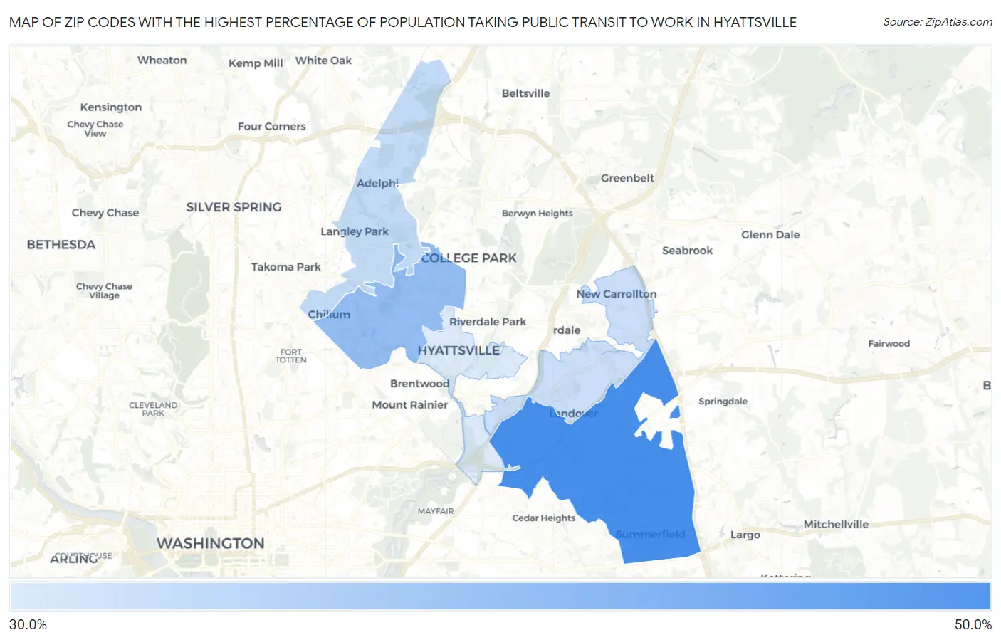 Zip Codes with the Highest Percentage of Population Taking Public Transit to Work in Hyattsville Map